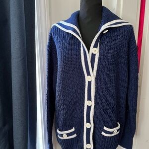 Navy Blue Knit Sweater with White Trim